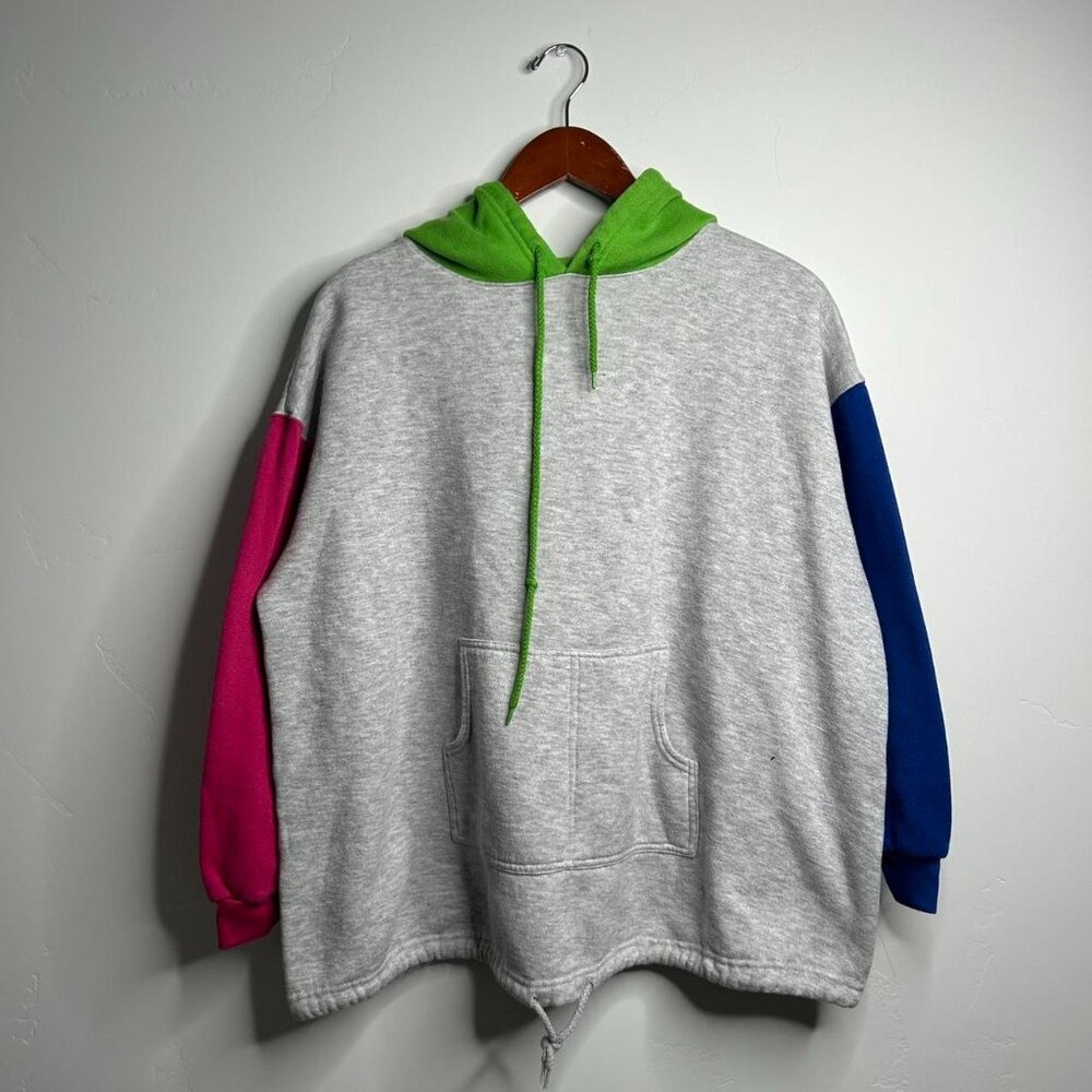 Grey multi colored oversized hoodie with a relaxed fit size large